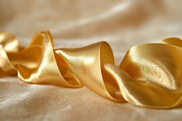 Poster - Luxurious golden silk ribbon creating graceful curves on a soft, shimmering fabric, evoking elegance and sophistication