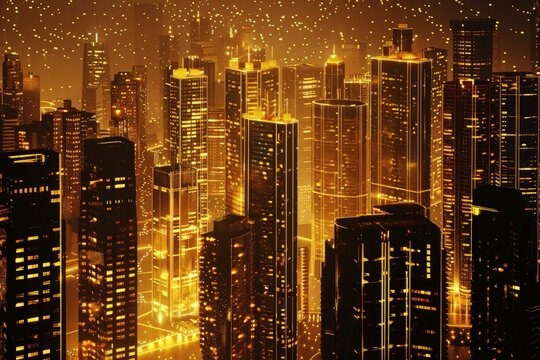 Futuristic cityscape with illuminated skyscrapers and digital particles creating a mesmerizing golden glow at night