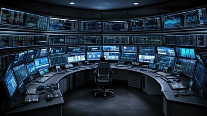 Poster - A professional operates multiple screens displaying data analytics and trends in a modern monitoring center, focused on information flow