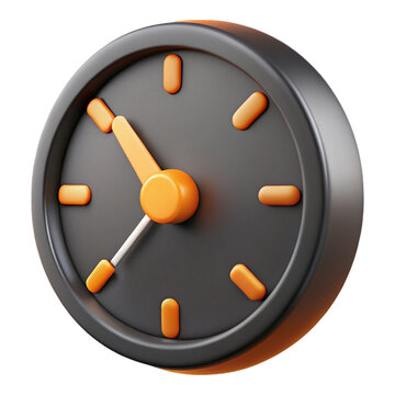 Digital illustration of a 3 D rendered clock with a black face, orange hands, and orange hour markers, against a black background isolated on a transparent background