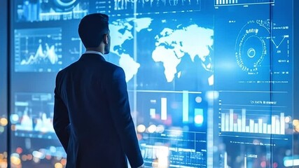 Poster - Businessman Analyzing Data and World Map on Large Interactive Display Screen