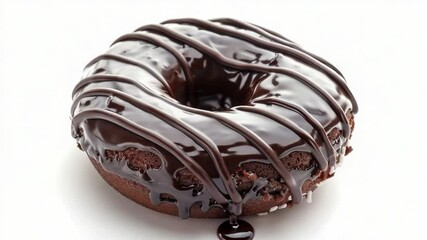 Poster - A delicious-looking chocolate donut with rich chocolate icing on a white background, perfect for food or dessert photography