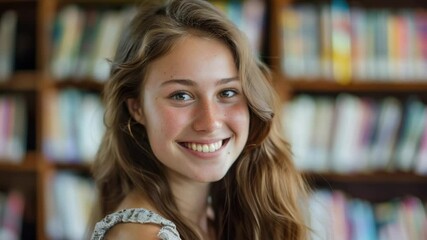 Poster - A woman with long hair smiles in front of a bookshelf, a cozy and intimate moment