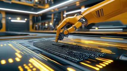 Poster - A robotic arm meticulously assembles components on a circuit board, showcasing advanced technology in a high-tech environment