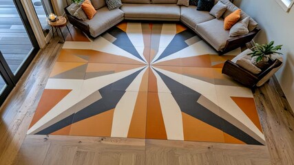 Poster - Stylish floor patterns draw attention in a welcoming living area featuring comfortable seating and natural light