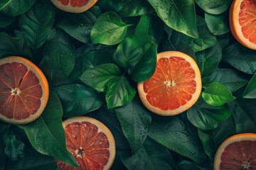 Poster - Freshly cut grapefruit slices arranged on a bed of lush green leaves, adorned with glistening water droplets, creating a vibrant and refreshing scene