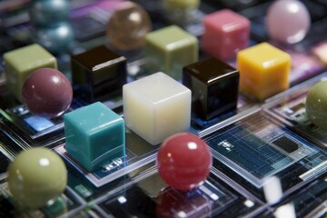Fototapete - A close up shot of colorful cubes and spheres on a patterned surface with reflections and glossy finish