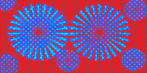 Poster - Vibrant blue abstract firework pattern on red background with dotted texture.