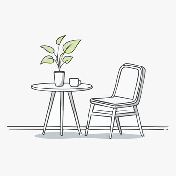 Line-art vector of a modern chair and table in a minimalist room setting
