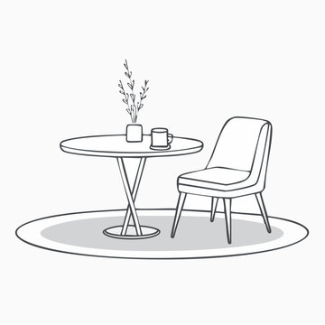 Line-art vector of a modern chair and table in a minimalist room setting