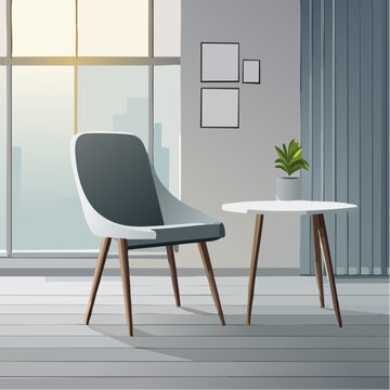 Line-art vector of a modern chair and table in a minimalist room setting