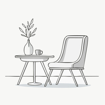 Line-art vector of a modern chair and table in a minimalist room setting