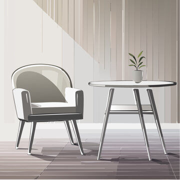 Line-art vector of a modern chair and table in a minimalist room setting