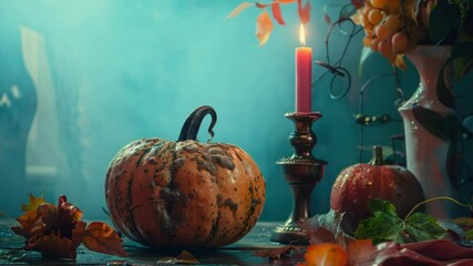 Poster - A pumpkin sits next to a candle on a table