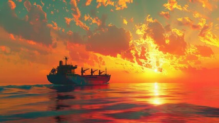 Poster - A large ship sailing on the ocean during sunset, ideal for travel or adventure themes