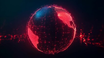 Poster - Looped motion rotating globe in red tones with lines of force fields and data streams. Technological endless moving background