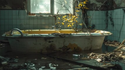 Poster - An old bathtub in a rundown bathroom