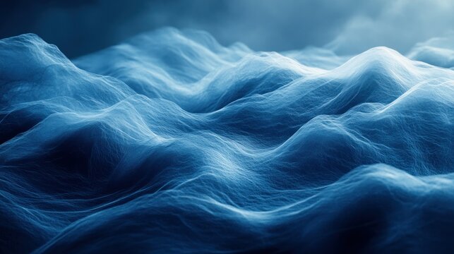 Abstract, digital landscape of undulating, blue, misty mountains