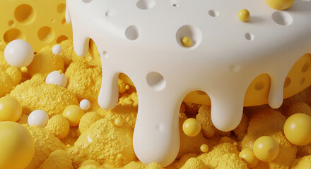 Poster - Abstract image of yellow and white textured forms, resembling cheese, with dripping elements creating a dynamic, playful composition suitable for food or dessert-related projects