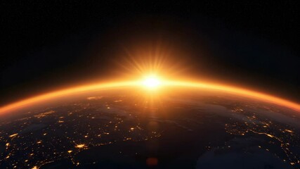 Wall Mural - Earth from Space View at Sunrise with City Lights and Stars Background in Outer Space and Golden Glowing Light Effect
