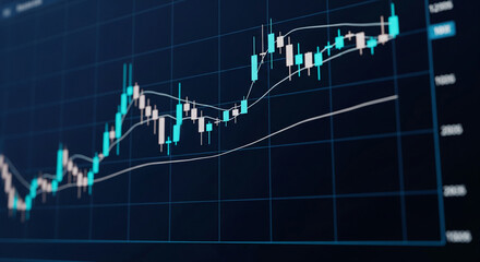Poster - Close-up of candlestick chart on dark background, showing price movements, representing financial market trends, data analysis and investment concepts