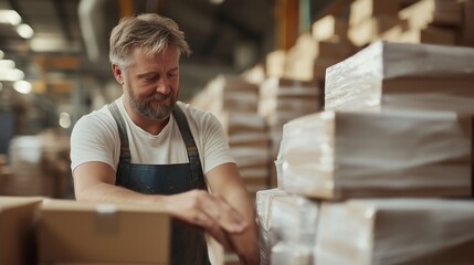 Aufkleber - Worker prepares packages for shipment in a busy warehouse during the daytime