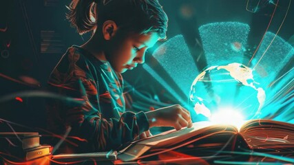 Aufkleber - A young boy sits and reads a book with a glowing orb in the background, perfect for illustrations of learning, fantasy, or futuristic themes