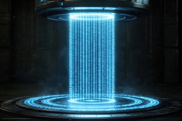 Aufkleber - A futuristic holographic projection emits blue digital code in a dark sci-fi environment, resembling advanced technology or data transmission.