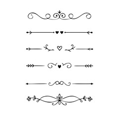 Aufkleber - Gold text dividers doodle set. Wedding decorative elements. ornament, borders, floral, vintage line separators. Hand drawn vector illustration isolated on white background. Set page dividers.
