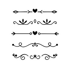 Aufkleber - Gold text dividers doodle set. Wedding decorative elements. ornament, borders, floral, vintage line separators. Hand drawn vector illustration isolated on white background. Set page dividers.
