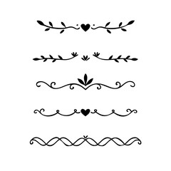 Aufkleber - Gold text dividers doodle set. Wedding decorative elements. ornament, borders, floral, vintage line separators. Hand drawn vector illustration isolated on white background. Set page dividers.
