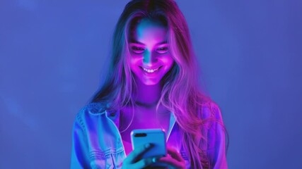 Poster - A happy woman looks at her phone with a smile, potentially checking messages or social media