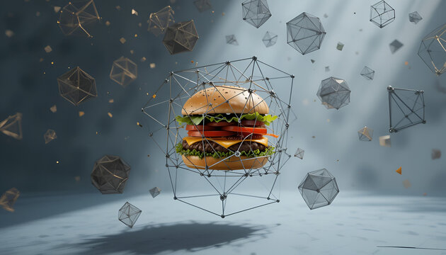 A delicious burger is displayed with digital geometric shapes, creating a contemporary and tech-inspired presentation of a classic fast food item.