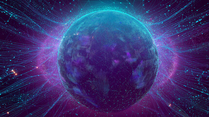 Fototapete - Illustration of the globe, surrounded by lines of neural connections and digital data. Technological background on the topic of the information field	
