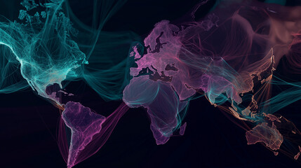 Poster - A world map on a dark background with images of light communication lines and data lines	
