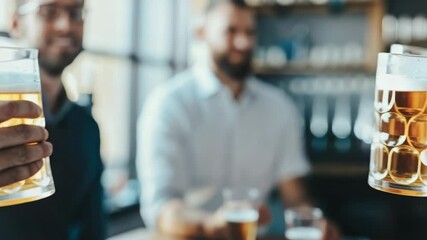 Poster - A group of friends or colleagues celebrating with cold beers, clinking their glasses together in a moment of shared joy