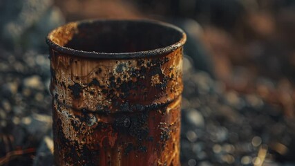 Poster - A rusted cup sits atop a pile of rocks in a natural setting