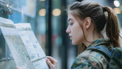 Aufkleber - A woman studies a map in the display window of a store, possibly planning her next trip or exploring new destinations