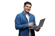 © muse studio - Smiling young man working on a laptop, showcasing creativity and enthusiasm in a clean, transparent background