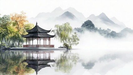 Poster - A traditional Asian-style pagoda surrounded by calm water and lush greenery, ideal for use as a background or decoration