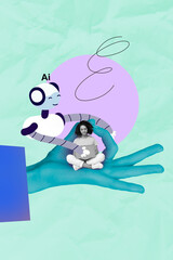 Poster - Vertical pop poster banner collage of happy teenager schoolgirl sit human hand ai robot cyber innovation helper bot prompt