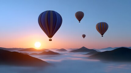  Hot air balloons over a misty mountain landscape at sunrisesunset.
