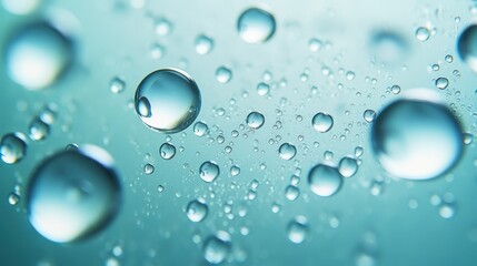 Poster - Close-up of transparent water droplets suspended on a smooth surface with a soft blue background.