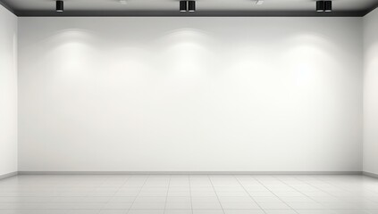 Poster - A clean, empty white gallery wall with overhead spotlights shining down, highlighting the blank space for art display or presentations.