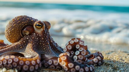 Poster - Close-up of an octopus crawling on the sand, near water's edge
