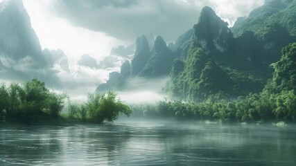 Poster - A serene river flows through a picturesque mountain valley