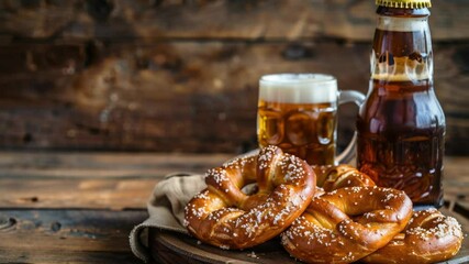 Aufkleber - A plate of soft pretzels served alongside a cold glass of beer, perfect for game day or movie night