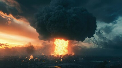 Poster - A massive explosion of smoke and fire fills the sky, with flames shooting up into the air