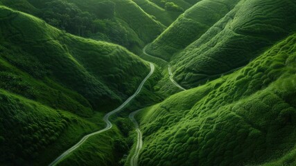 Poster - A scenic view of a winding road surrounded by lush green vegetation, suitable for use in travel or nature-related projects