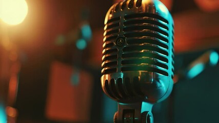 Poster - A close-up shot of a microphone with a bright light in the background, ideal for uses such as music or podcast promotions